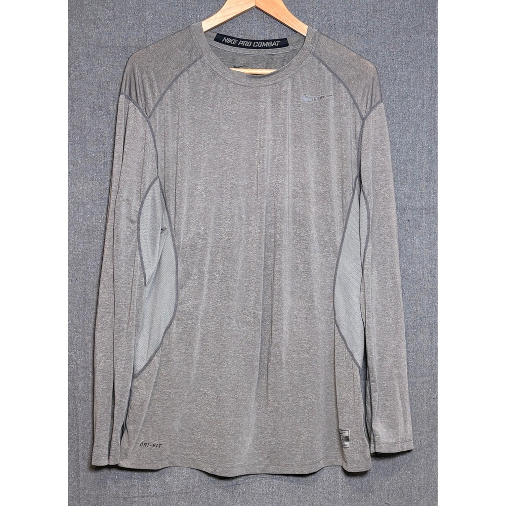 Nike Pro Combat Dri-FIT Mens XL Gray Fitted Long Sleeve Training Shirt Mesh Top